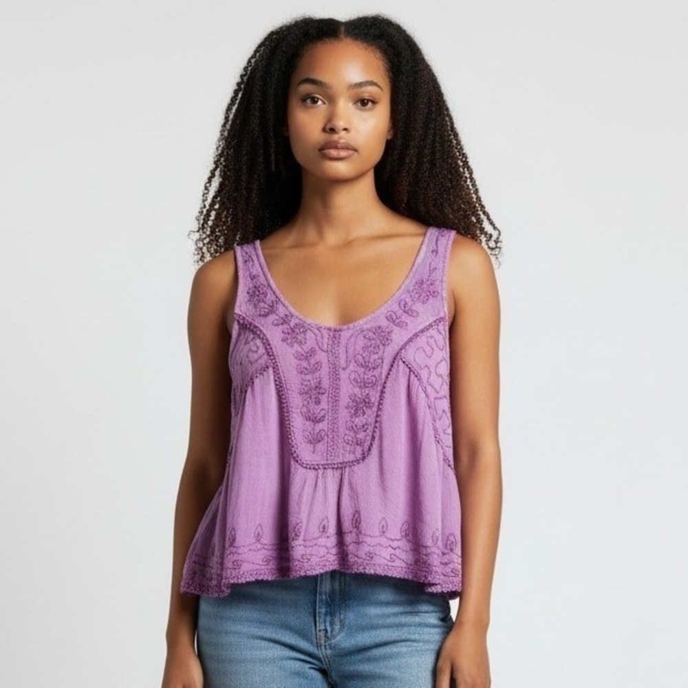 Rhea Purple Embroidered Crinkle Gauze Boho Tank Top Sleeveless Women Small